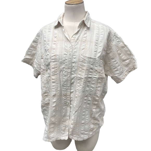 Take Away Button-Down Ivory Peach Stripe Short Sleeve Shirt Medium Vintage Top - Picture 1 of 11